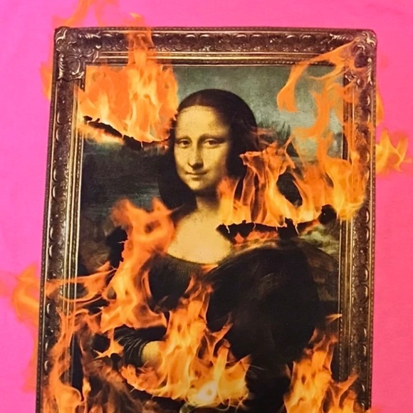 Pleasures Mens Mona Lisa Burn Again Flames Graphic Cotton Pink T Shirt Pink XL - Picture 4 of 6